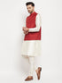 Vastramay Men's Maroon Matka Silk Nehru Jacket With Cream Silk Blend Kurta and Pant style Pyjama Set